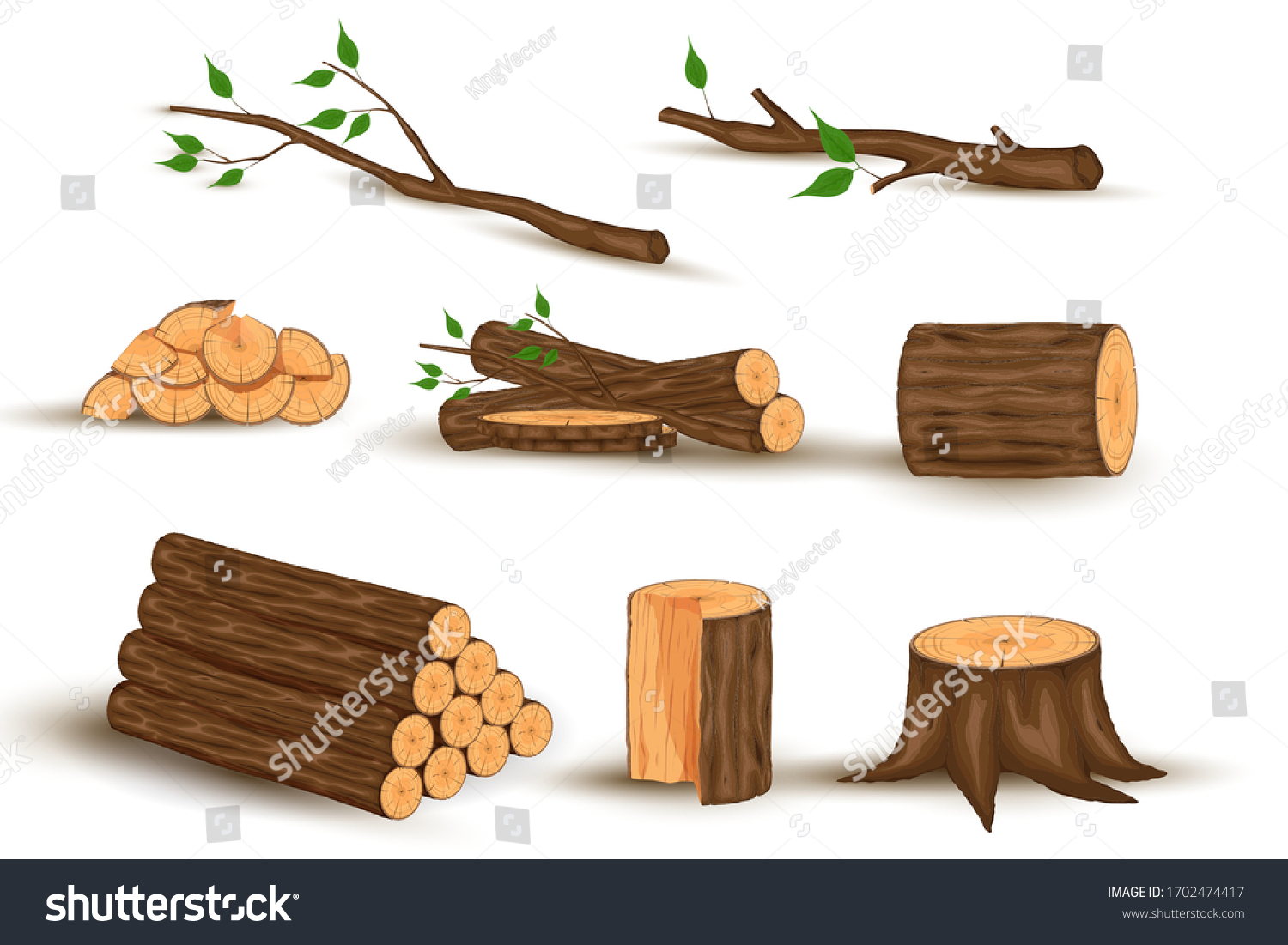 Cartoon timber. Wood log and trunk, stump and plank. Wooden firewood logs. Hardwoods construction materials #1702474417