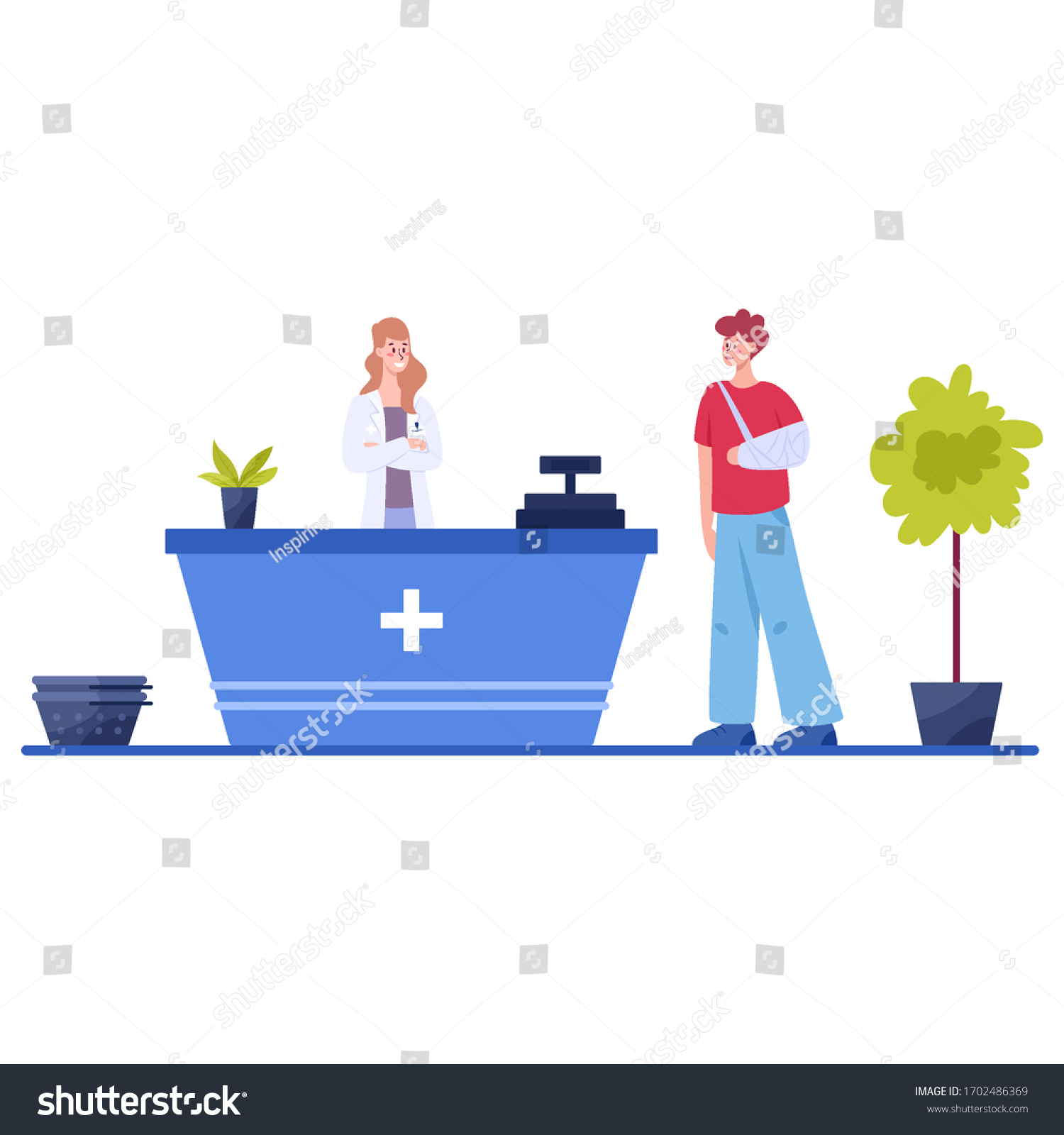 Modern pharmacy interior with visitor. Client order and buy medicaments and drugs. Pharmacist standing at the counter in the uniform. Healthcare and medical treatment concept. Vector illustration #1702486369