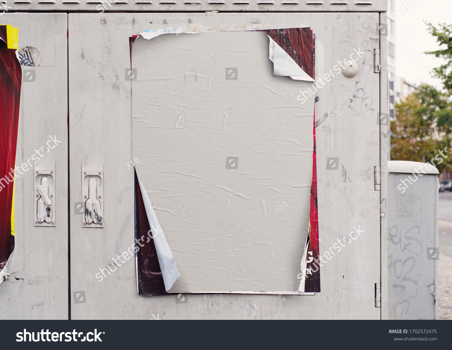 White wrinkled poster template. Glued paper mockup. Blank wheatpaste on textured wall. Empty street art sticker mock up. Clear urban glued advertising canvas. #1702572475