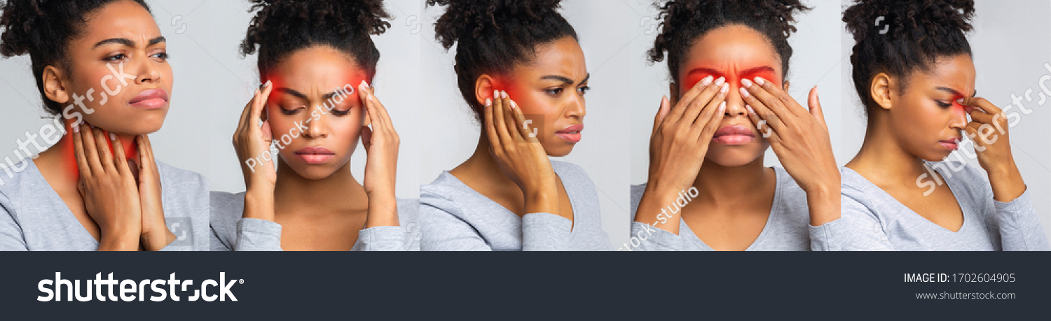 Composite image of african lady having pain in different parts of her head, panorama #1702604905