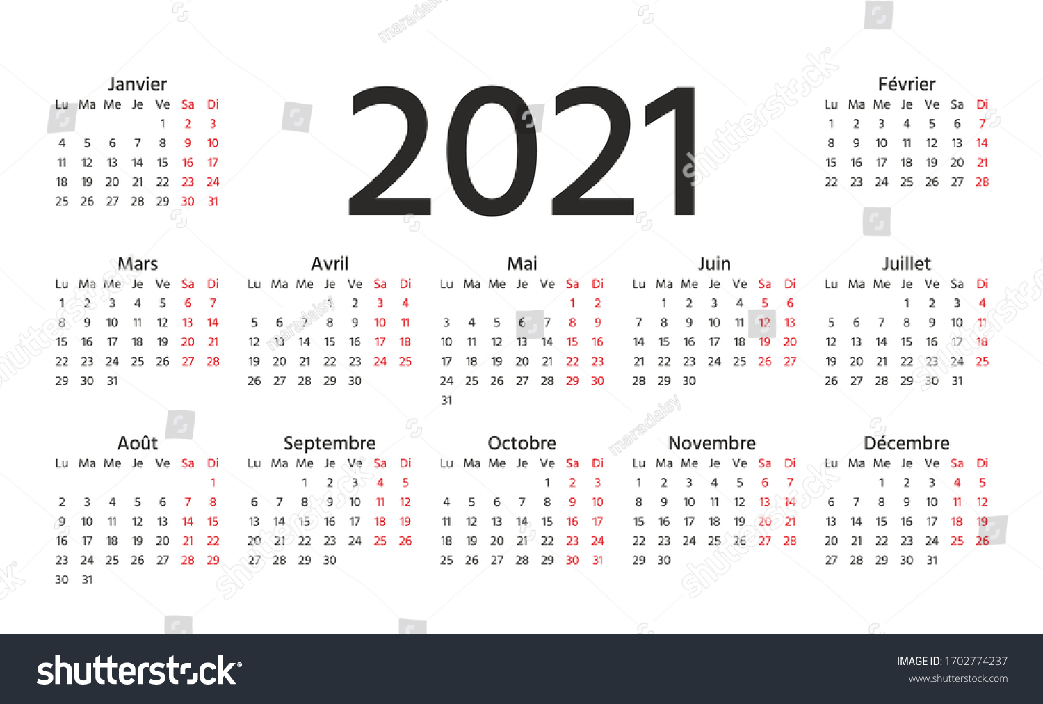 French Calendar 2021 year. Week starts Monday. Vector. Simple template of pocket or wall France calenders. Yearly stationery organizer. Horizontal, landscape orientation. Simple illustration. #1702774237