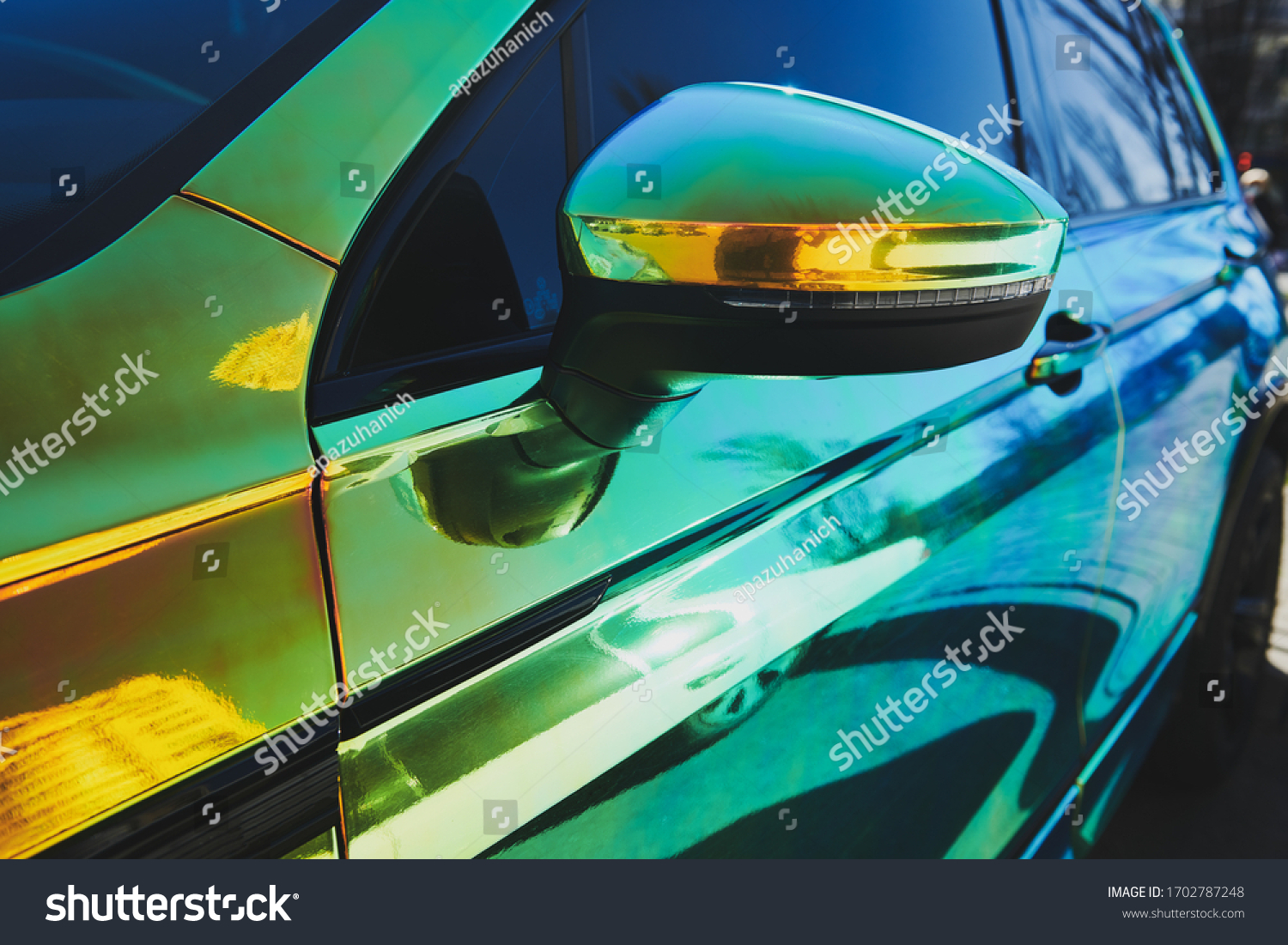 Chameleon holographic colour car. Side view. Driver's door and side mirror. closeup. Car wrapping. Car exhibition. #1702787248