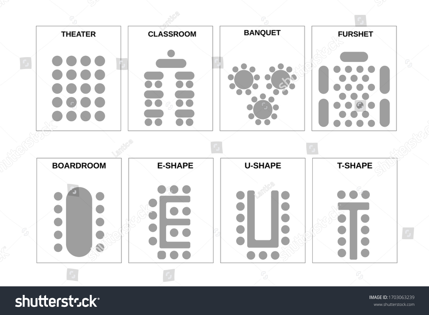 A set of schemes for arranging seats. The chairs and the tables in meeting rooms, conference halls and other places. Vector. #1703063239