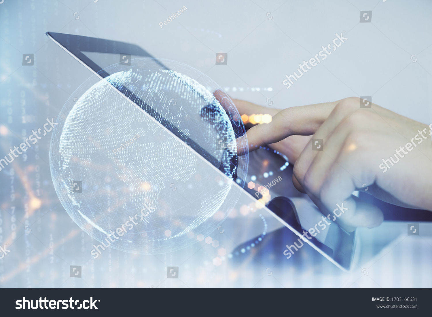 Multi exposure of man's hands holding and using a digital device and map drawing. International business concept. #1703166631