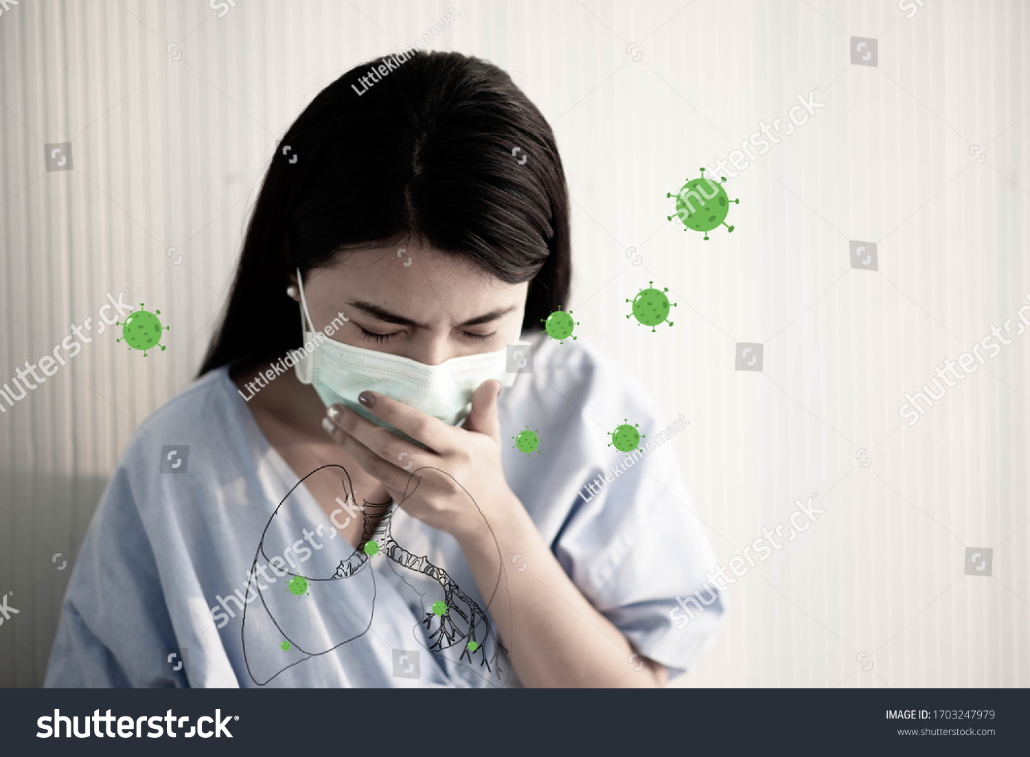 Asian patient woman wearing mask protect virus from sickness covid virus around in the lung  #1703247979