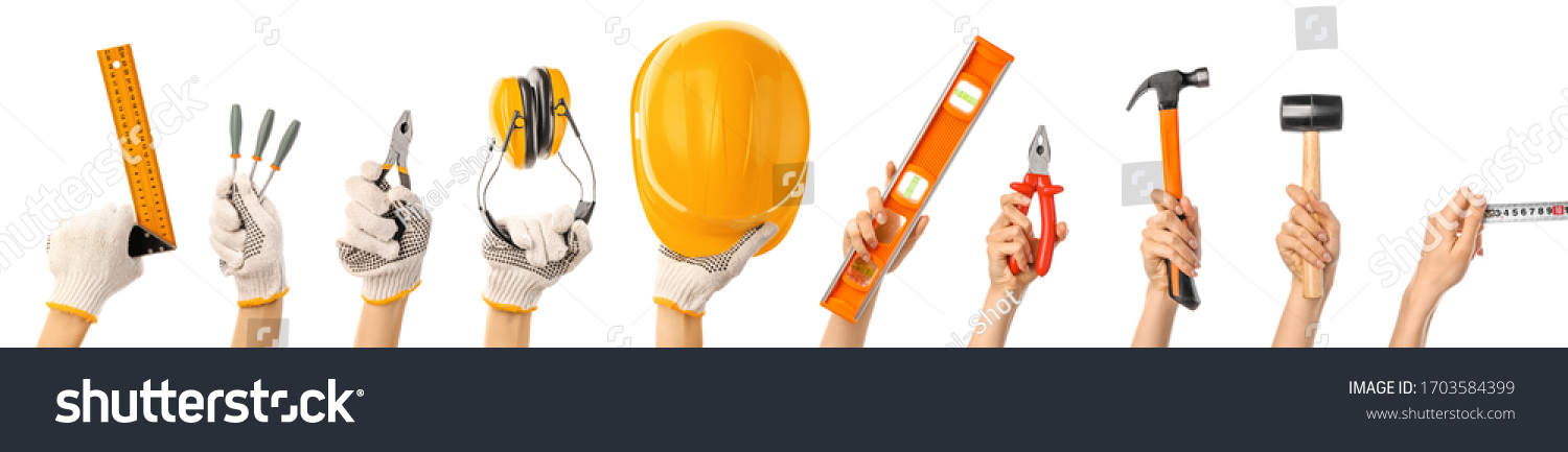 Female hands with builder's supplies on white background #1703584399