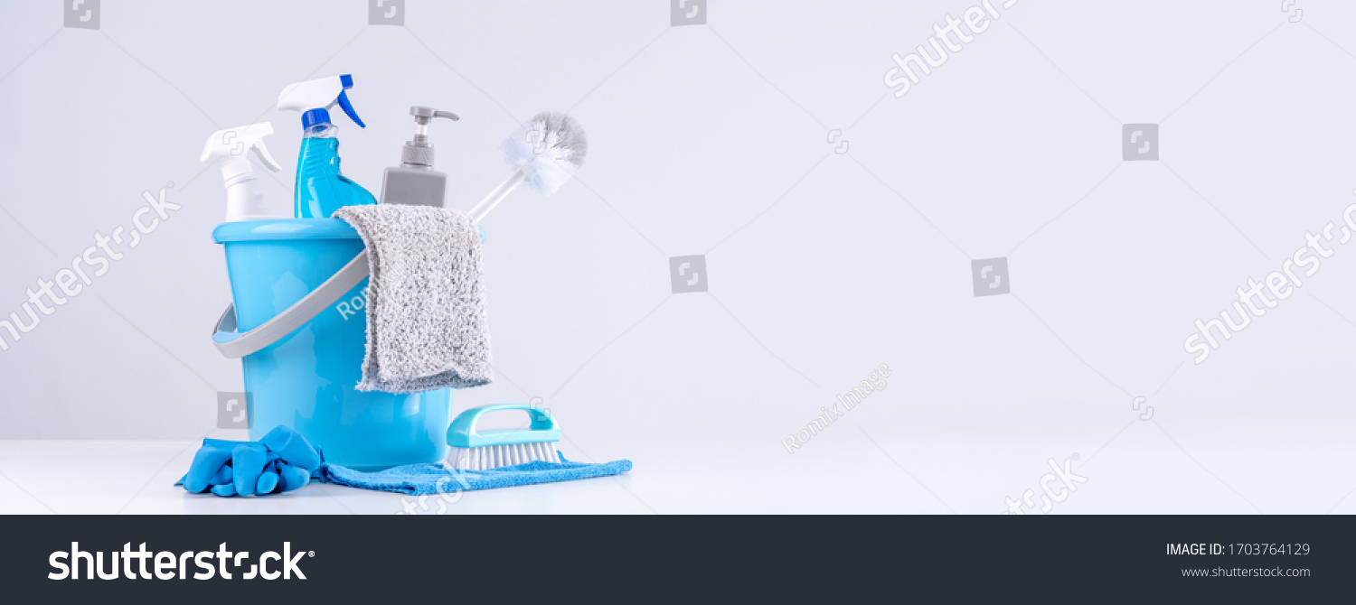Cleaning product tool equipments, concept of housekeeping, professional clean service, housework kit supplies, copy space, close up. #1703764129