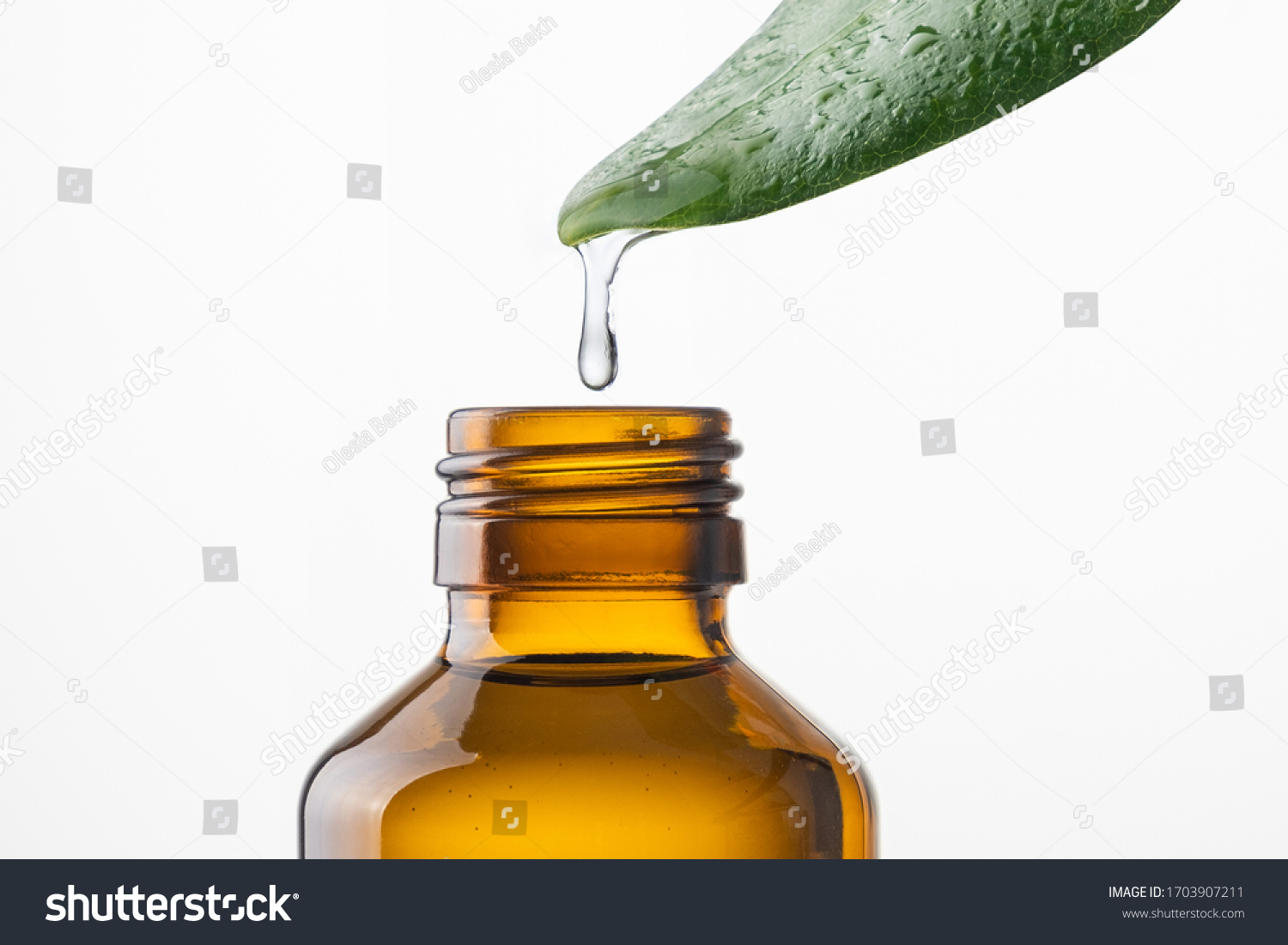Alternative medicine and remedy, herbal natural cosmetics, aromatherapy and essential oil concept. Water drop falling from leaf into bottle over white background #1703907211