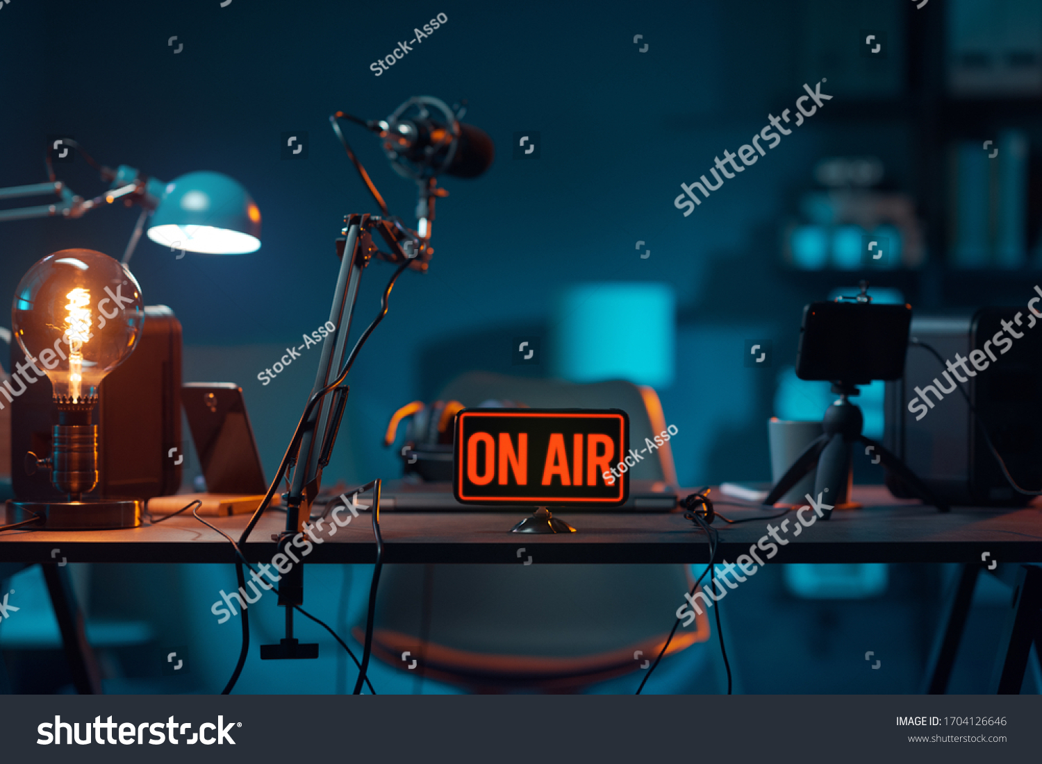 Live online radio studio desk with on air sign, entertainment and communication concept #1704126646