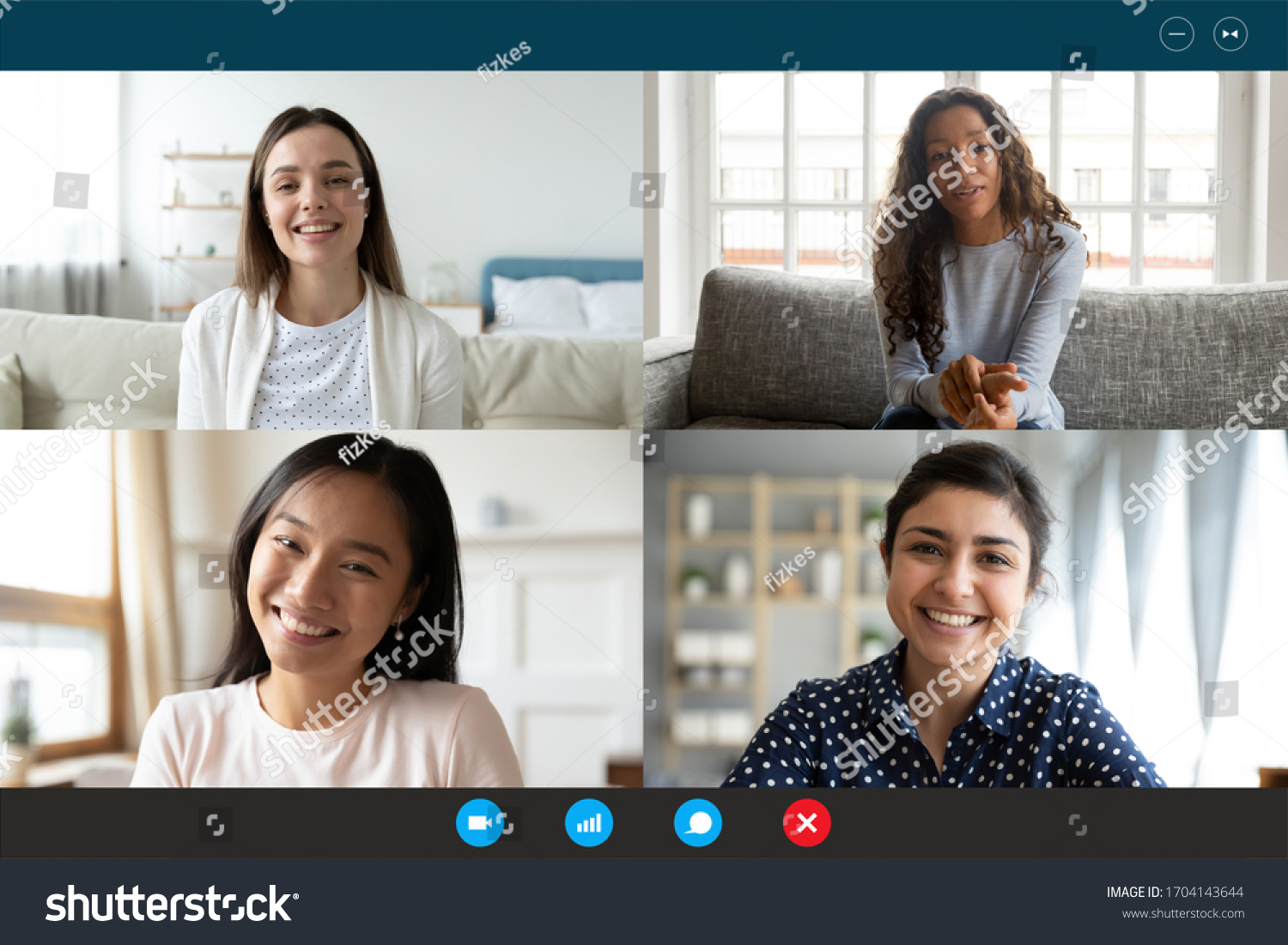 Laptop screen webcam view four multi ethnic beautiful millennial women involved in group video call. Meeting of friends on-line, colleagues working distantly, virtual communication modern tech concept #1704143644