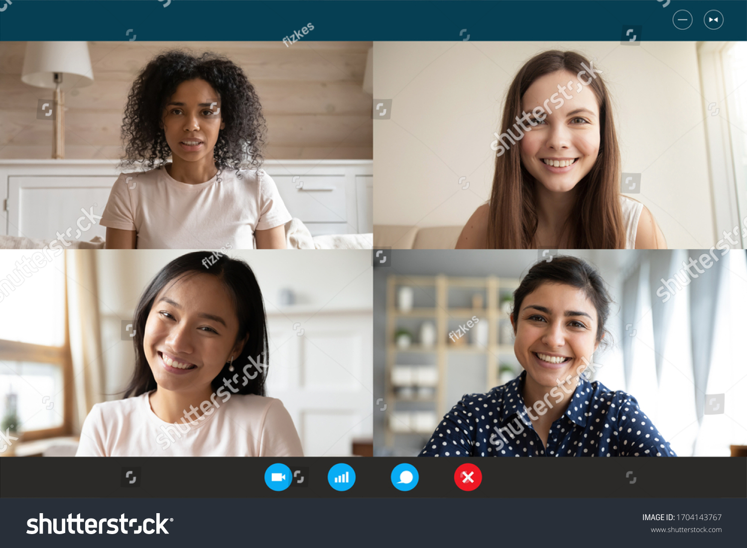 Head shot portrait four multiethnic millennial girls using video call application laptop webcam screen full frame view. Distant chat, virtual communication, modern technology, webinar activity concept #1704143767