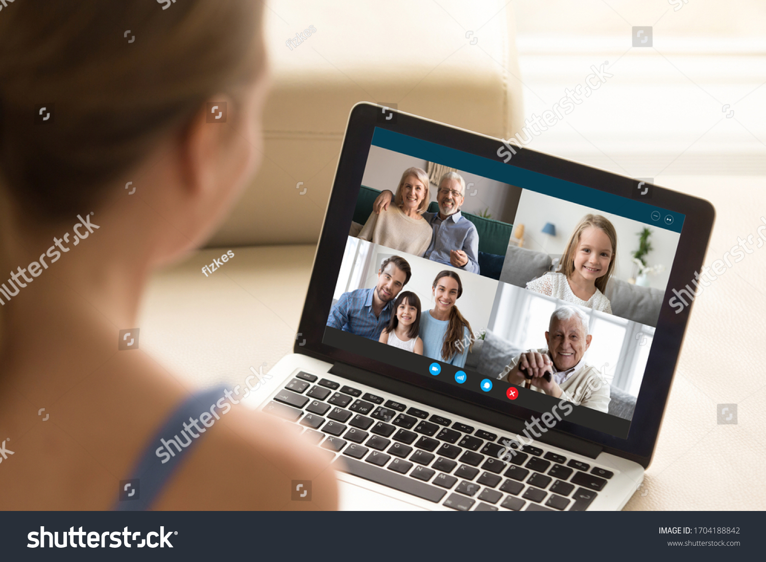 View over girl shoulder, use webcam and laptop enjoy distant communication with family. Diverse relatives people chatting via videoconference application modern technology for make life easier concept #1704188842