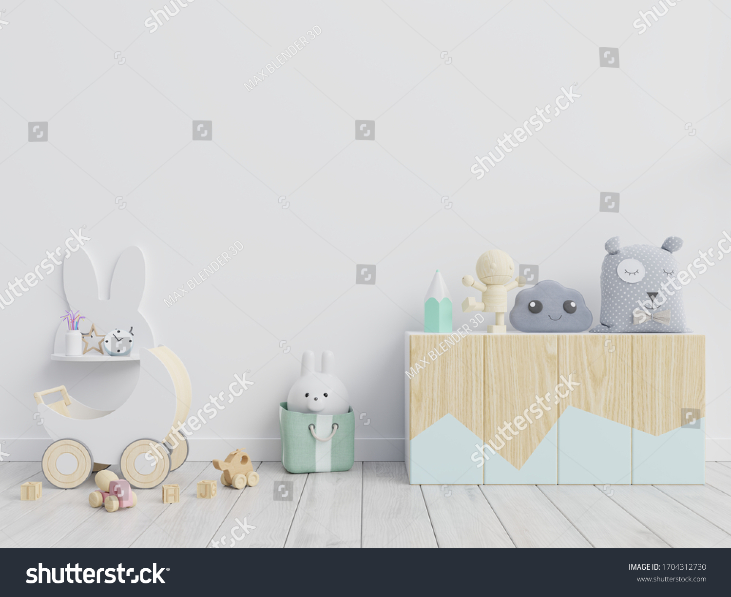 Mockup wall in the children's room on white wall  background,3d rendering #1704312730