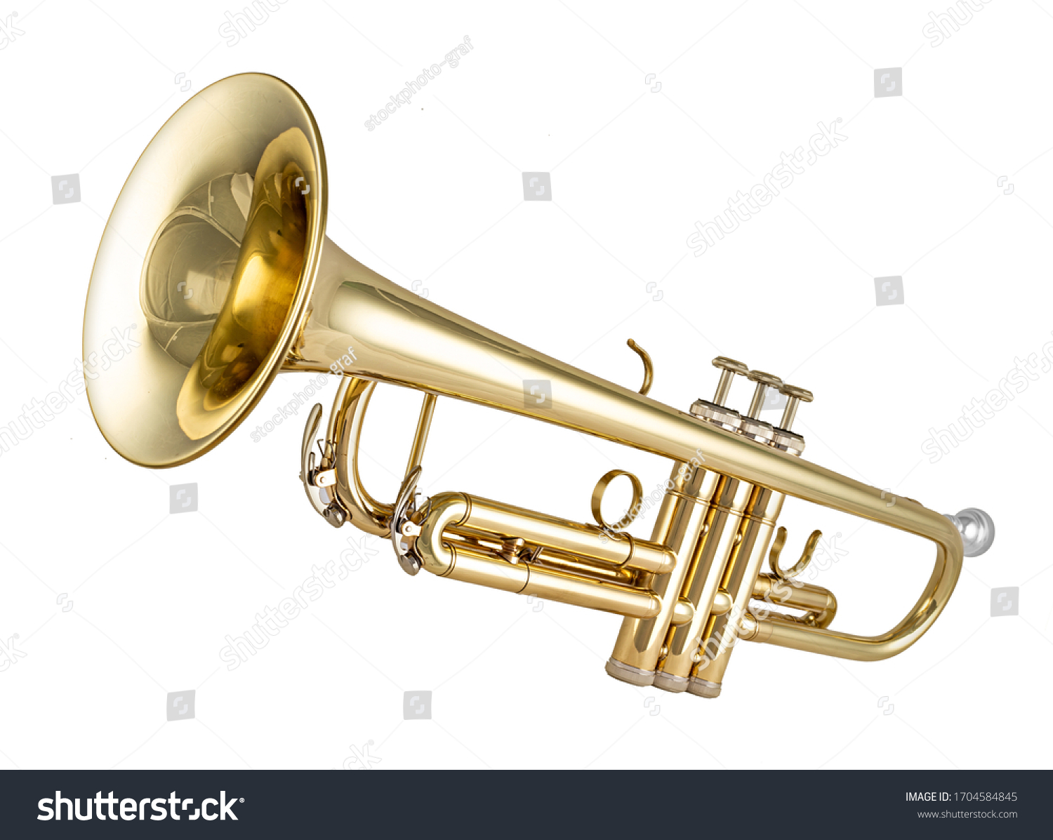 Golden shiny new metallic brass trumpet music instrument isolated on white background. musical equipment entertainment orchestra band concept. #1704584845