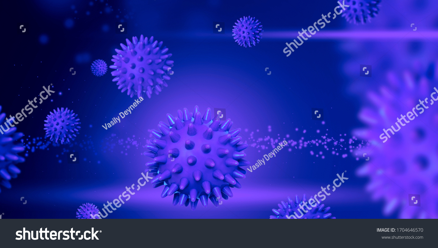 Samples of covid-19 virus close-up on a blue background.  macro shot of  behavior of the virus in  blood of infected patient. Copy space #1704646570