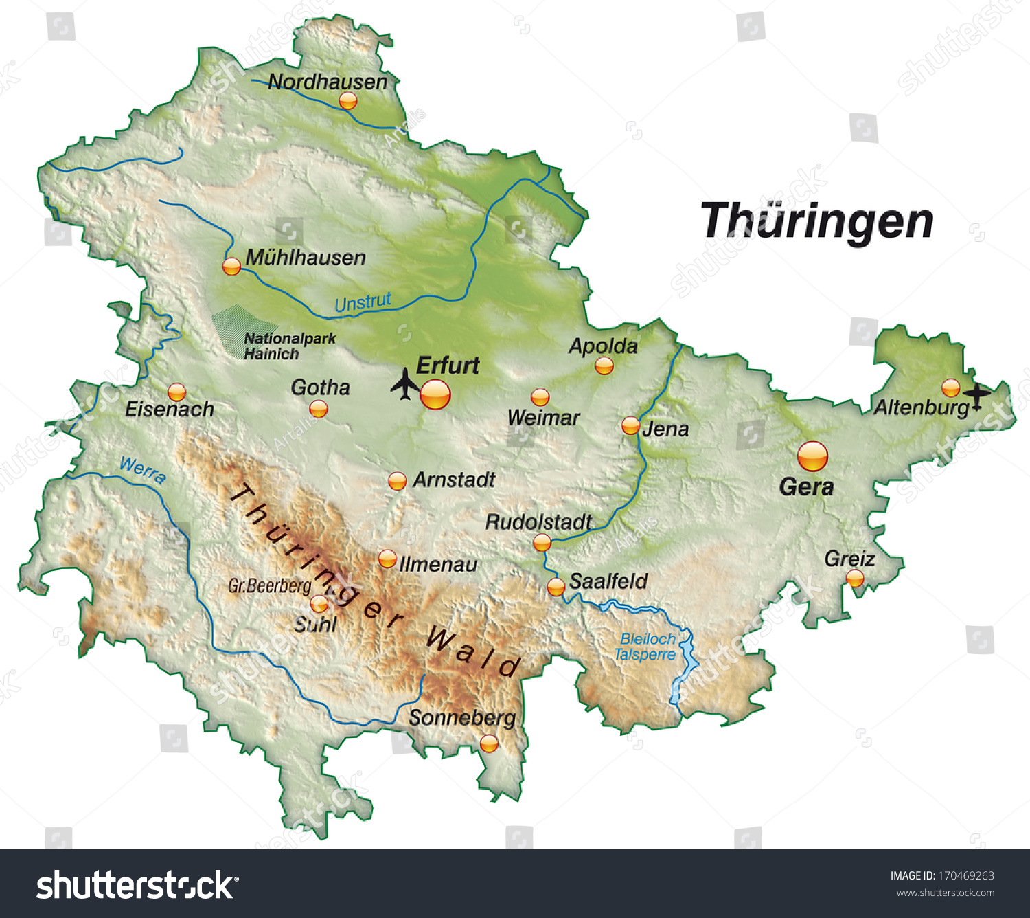 Map of thuringia as an overview map with shading - Royalty Free Stock ...