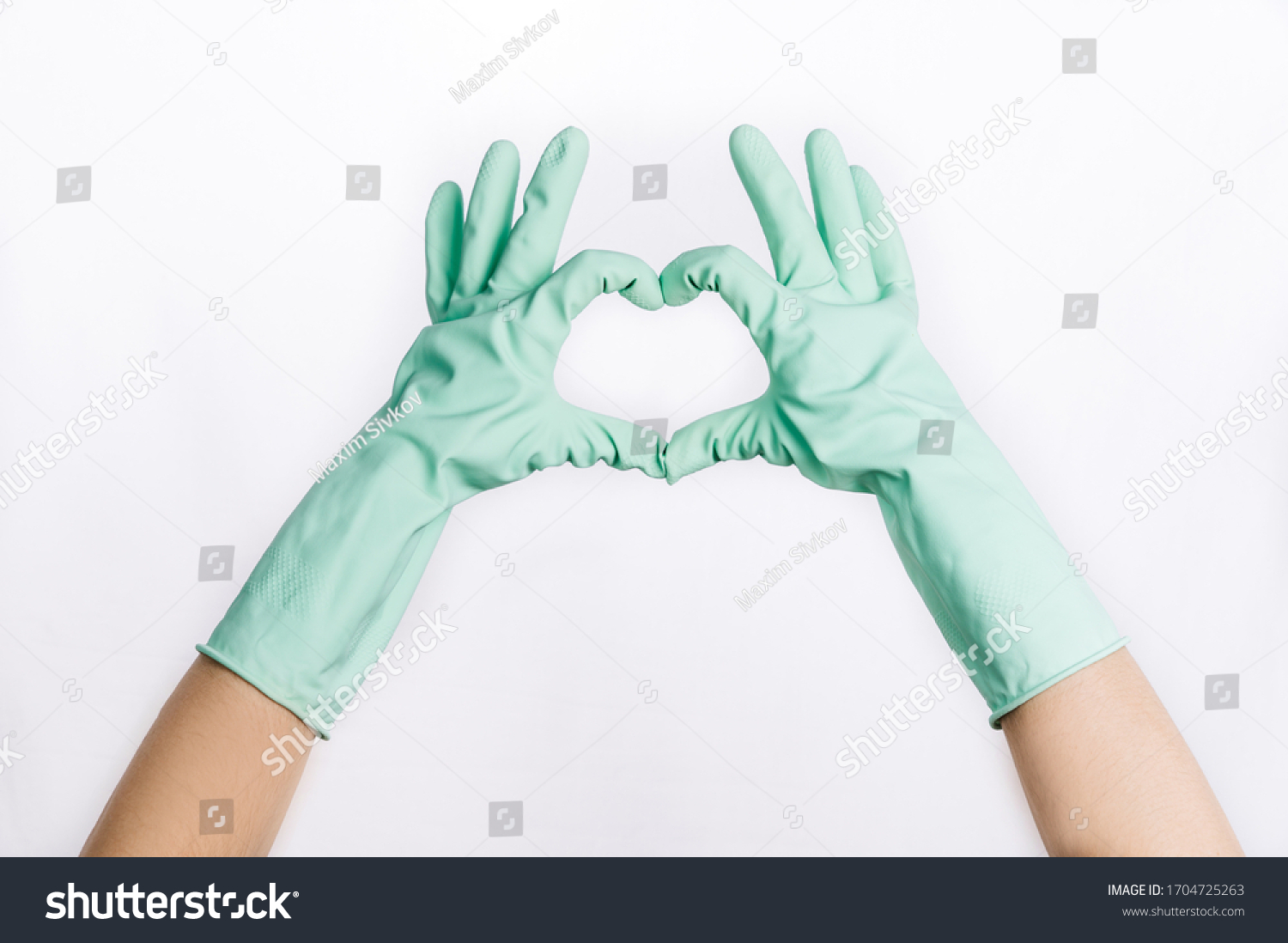 hands in latex rubber mint gloves cleaning quarantine covid-19 #1704725263