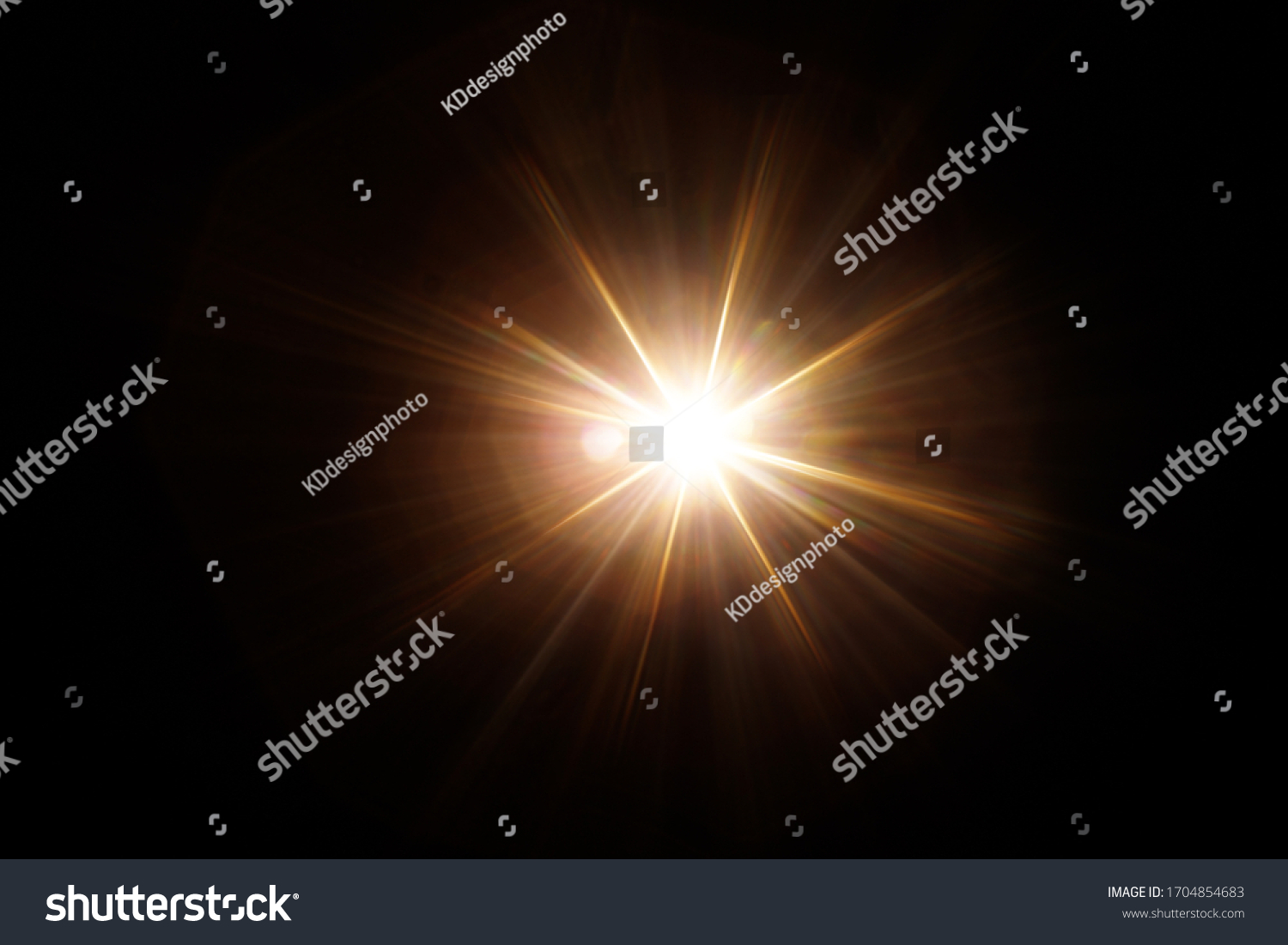 Easy to add lens flare effects for overlay designs or screen blending mode to make high-quality images. Abstract sun burst, digital flare, iridescent glare over black background. #1704854683