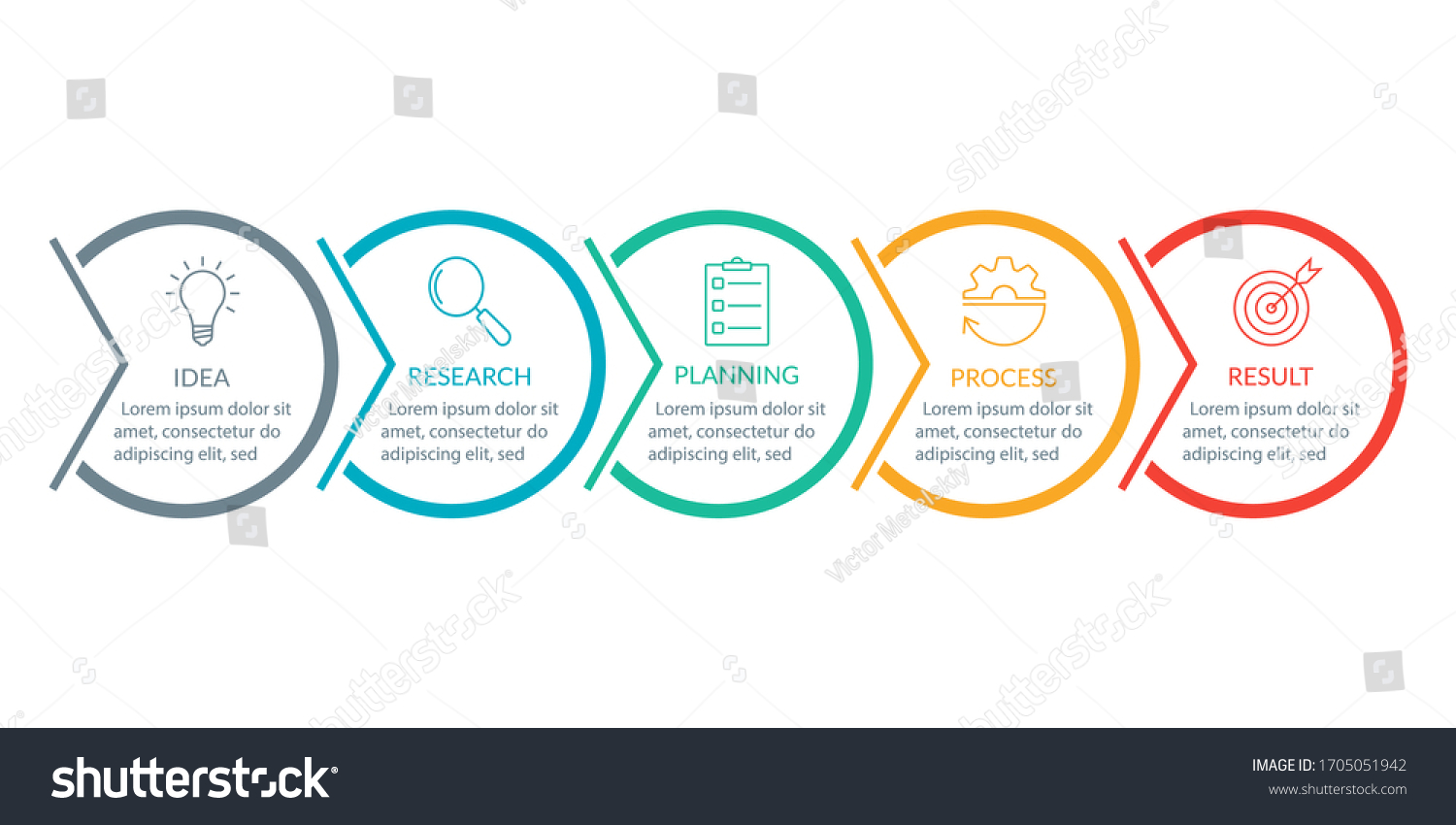Info graphic for business presentation with 5 steps or option. Timeline infographics template with colorful circles and outline icons. Five parts for workflow layout design. Vector illustration. #1705051942