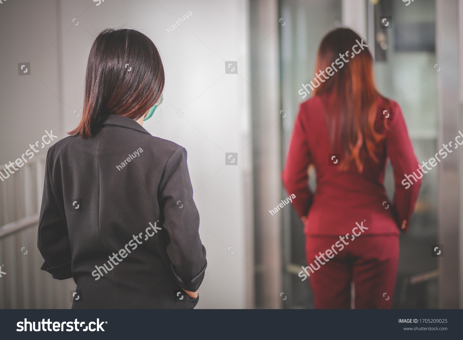 Two woman Asian people standing distance of 1 meter from other people keep distance protect from COVID-19 viruses and people social distancing for infection risk. #1705209025