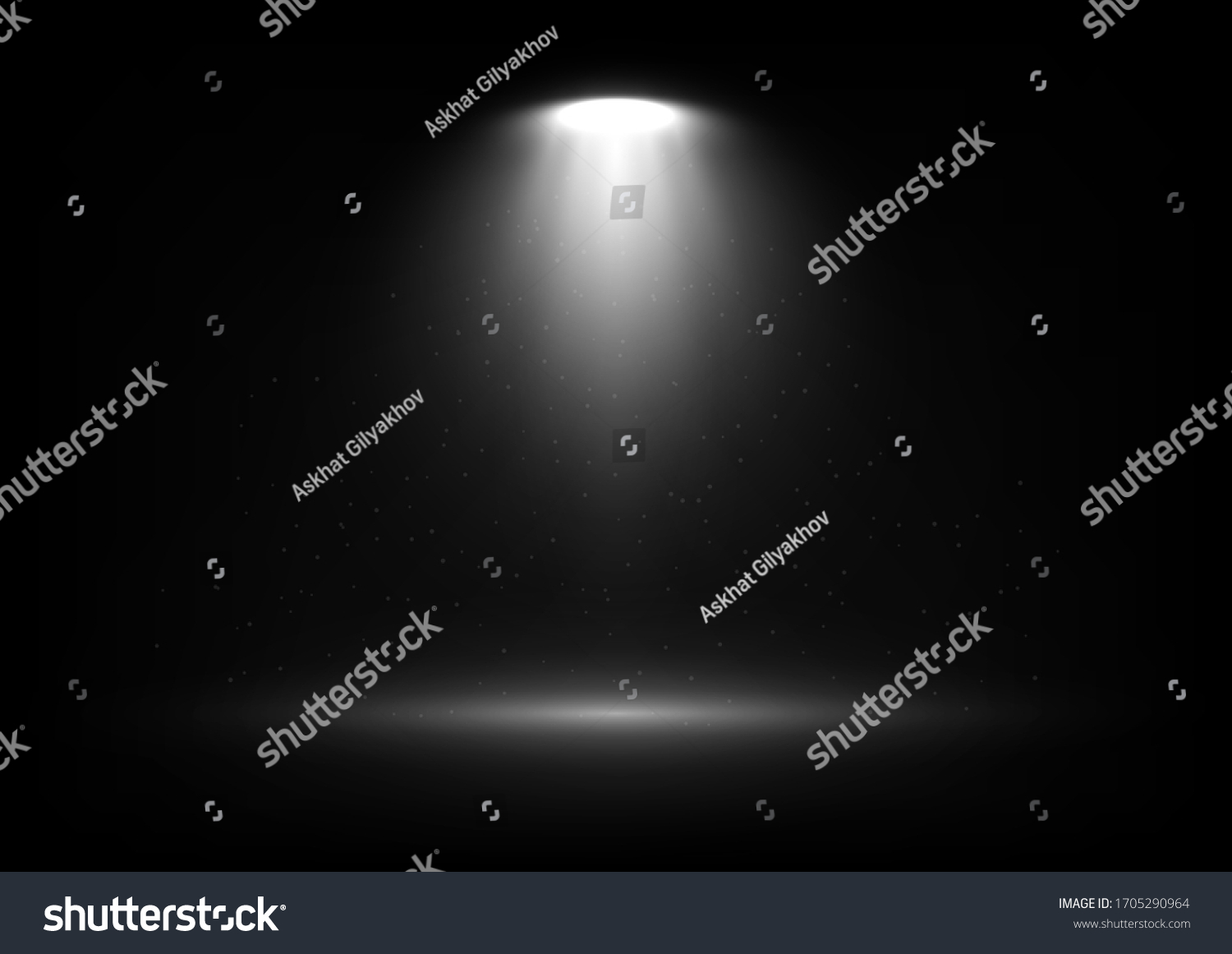 Vector spotlight on scene with light beams and particles in the air. Design for presentation your product. Eps 10. #1705290964