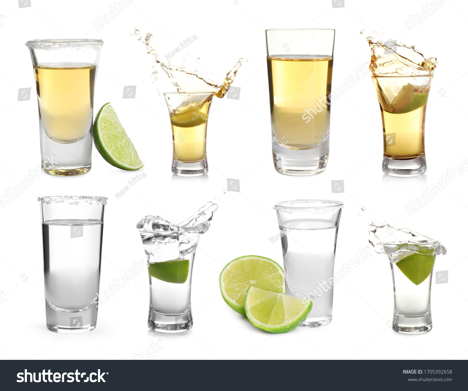 Set of different Mexican Tequila shots on white background #1705392658