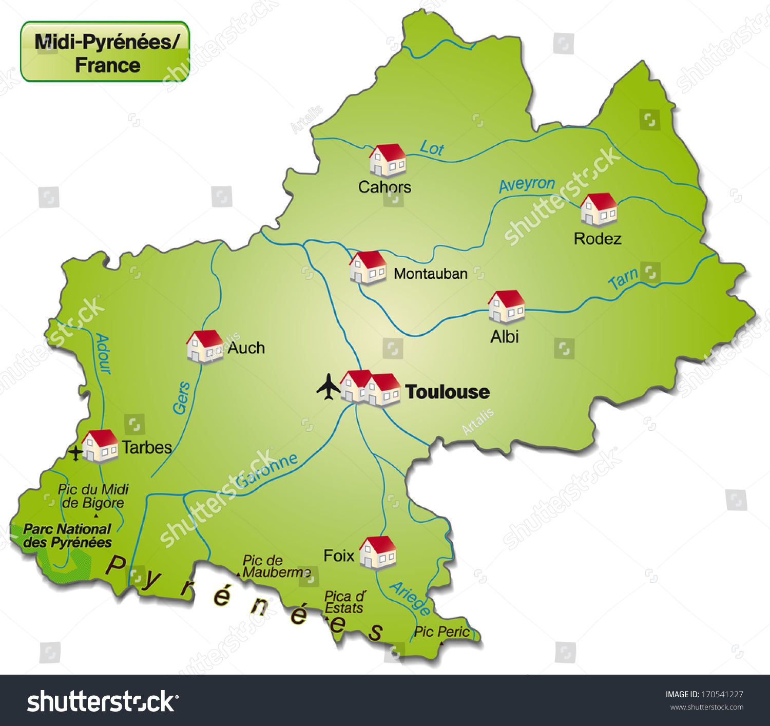 Map of Midi-Pyrenees as an overview map in green - Royalty Free Stock ...