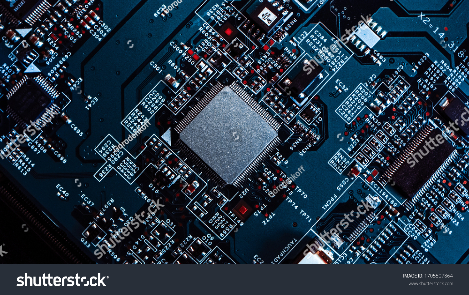 Macro Close-up Shot of Microchip, CPU Processor on Black Printed Circuit Board, Computer Motherboard with Components Inside of Electronic Device, Part of Supercomputer. #1705507864