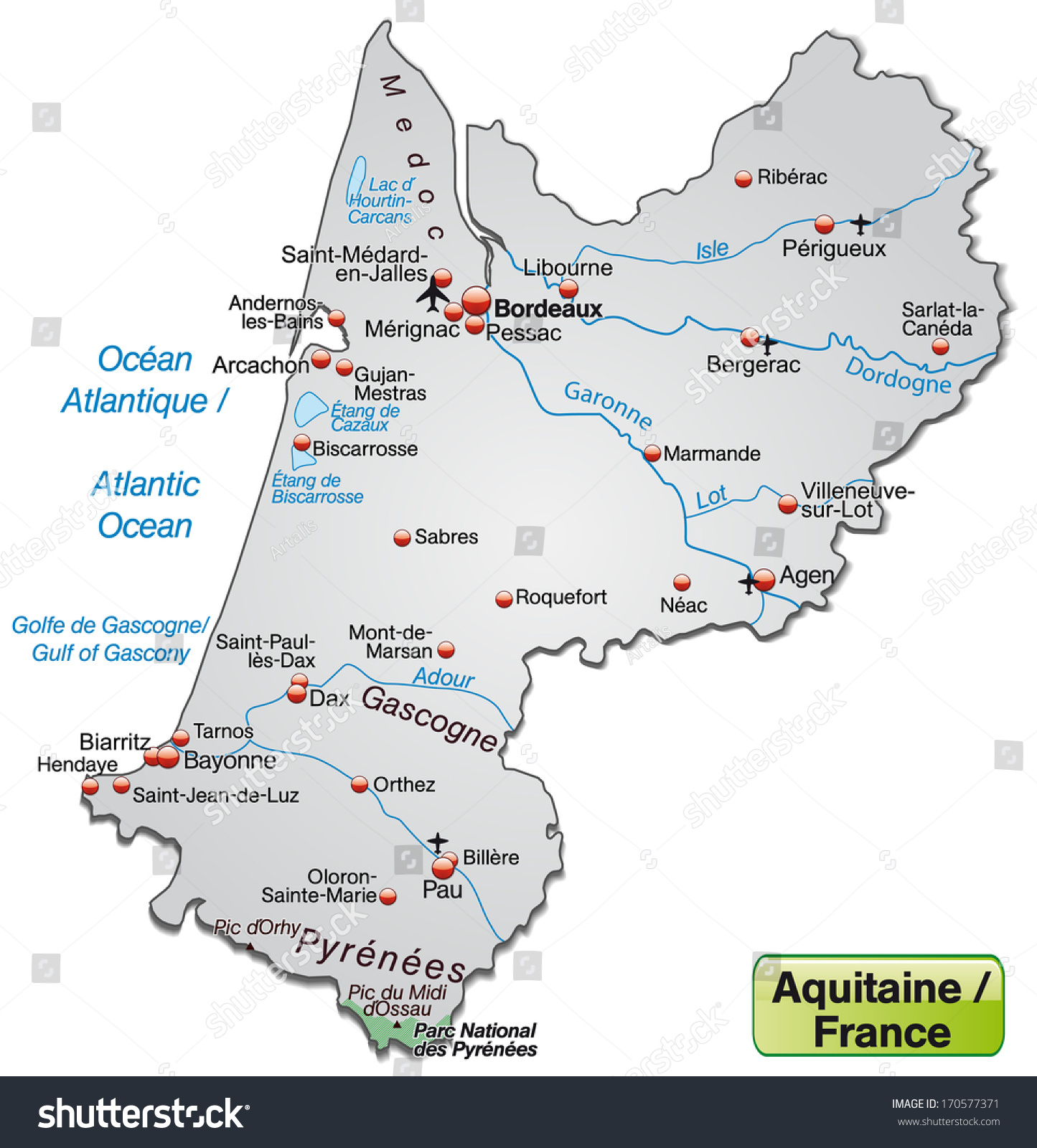 Map of Aquitaine as an overview map in gray - Royalty Free Stock Photo ...