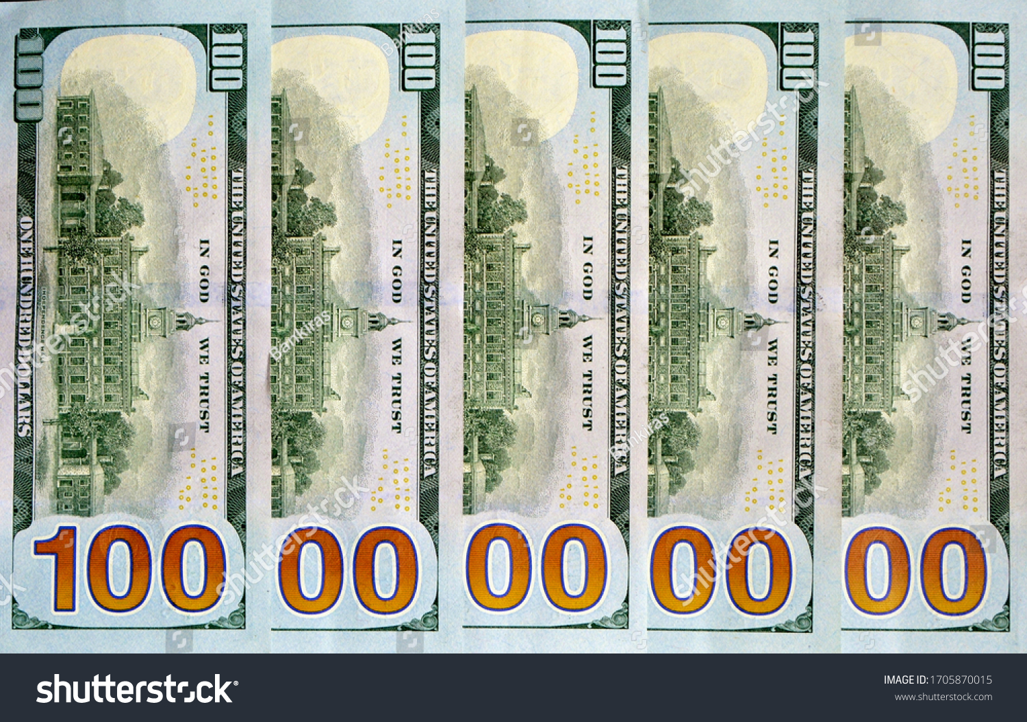 Hundred-dollar bills arranged in a row close-up.The 10 zeros on the bills symbolize 10 billion dollars #1705870015