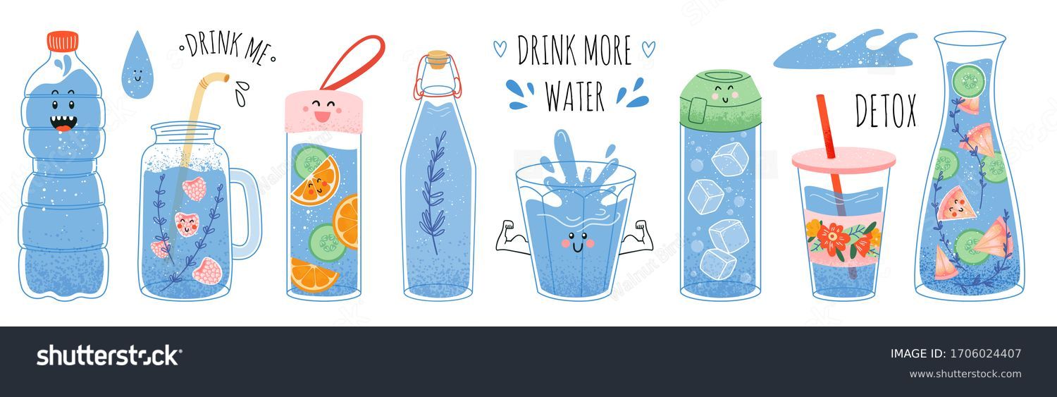 Concept drink more water, drinking water in a thermos and plastic mug, glass bottle. Vector set of various bottles, glass, flask in hand drawn style, correct daily habits, morning rituals. Zero waste #1706024407