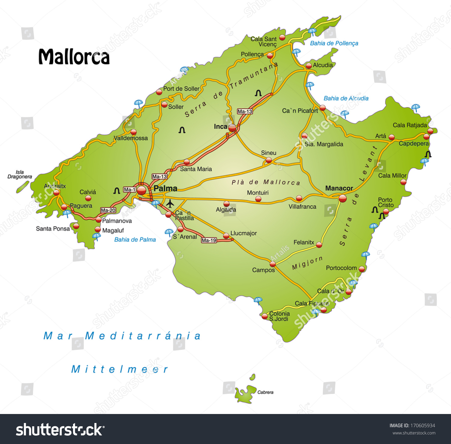 Map of mallorca with highways - Royalty Free Stock Photo 170605934 ...