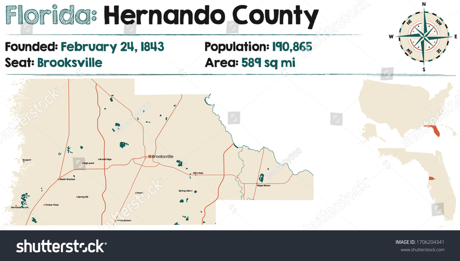 Large and detailed map of Hernando county in - Royalty Free Stock ...