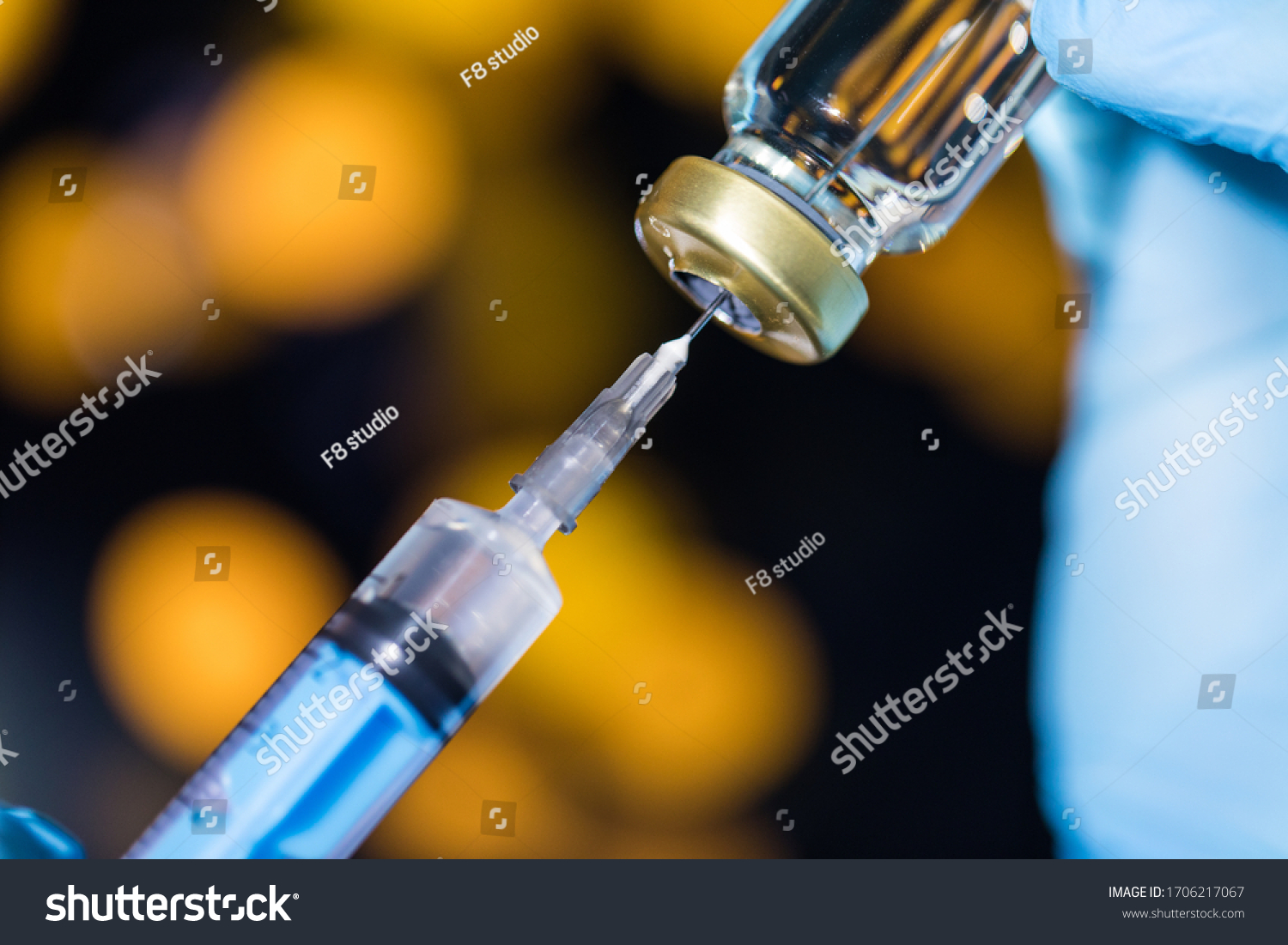 Close up vaccine vial dose flu shot drug needle syringe, medical concept vaccination hypodermic injection treatment, disease care hospital prevention, immunization illness disease isolated background. #1706217067