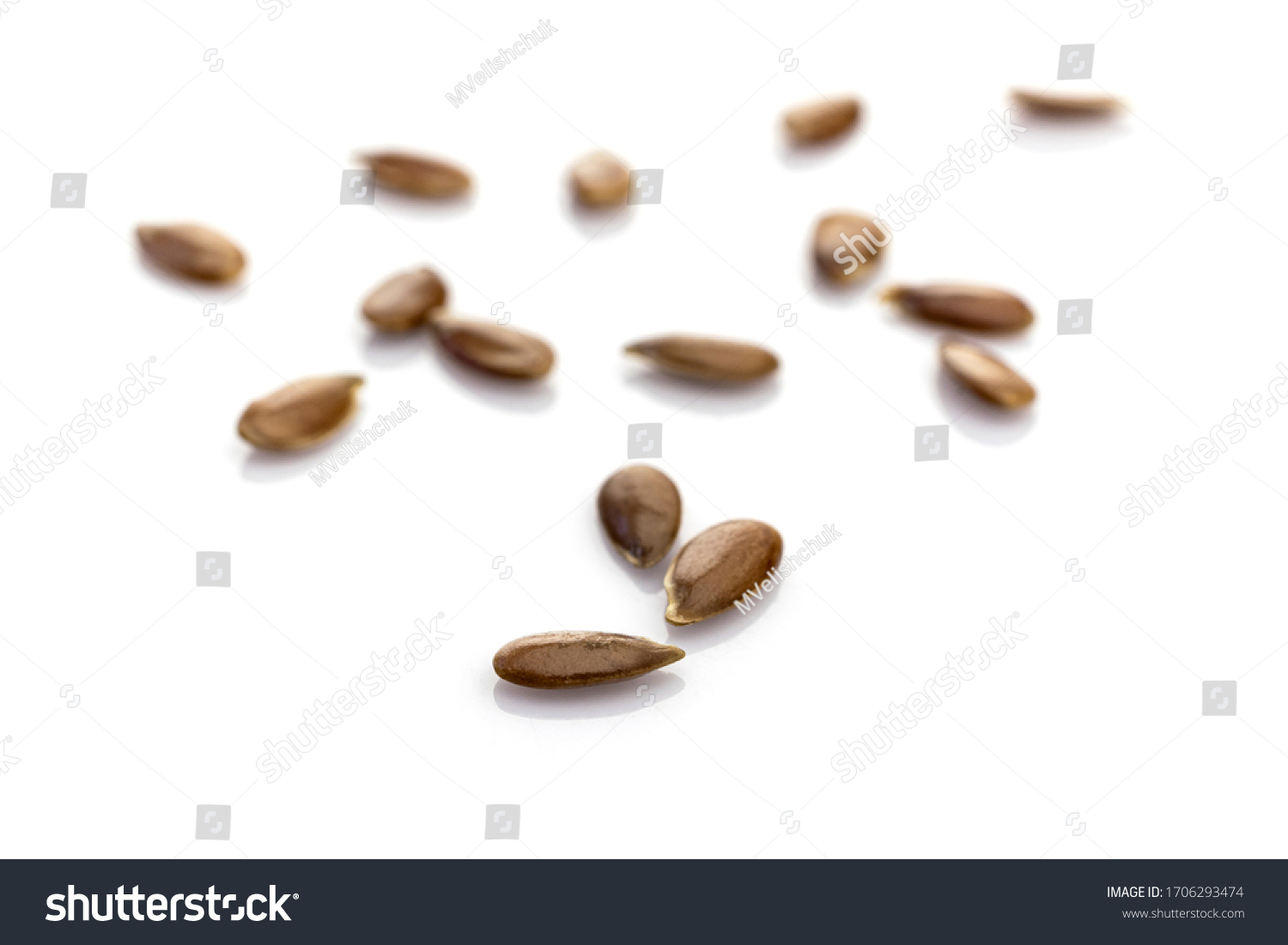 Seeds Linum isolated on white. Pile healthy Linseed food on organic background. Superfood high vitamin e, antioxidant, omega-3, protein and dietary fiber for healthy food. #1706293474