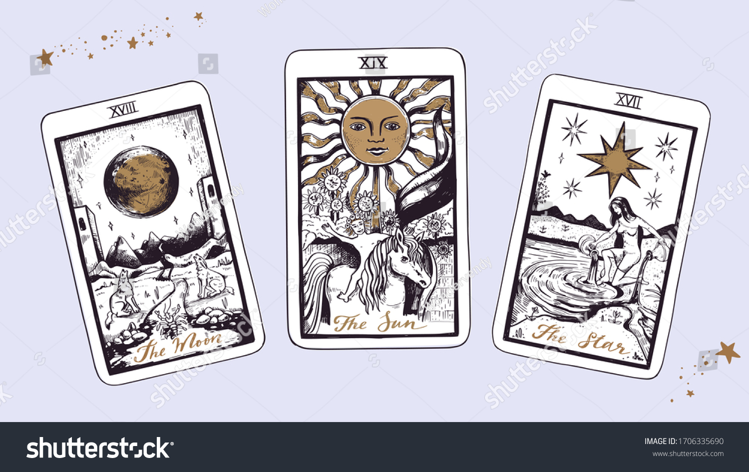 Magic Tarot deck vector background with major arcana: the moon, star, sun. Occult and fortune telling concept. Vector hand drawn vintage style #1706335690