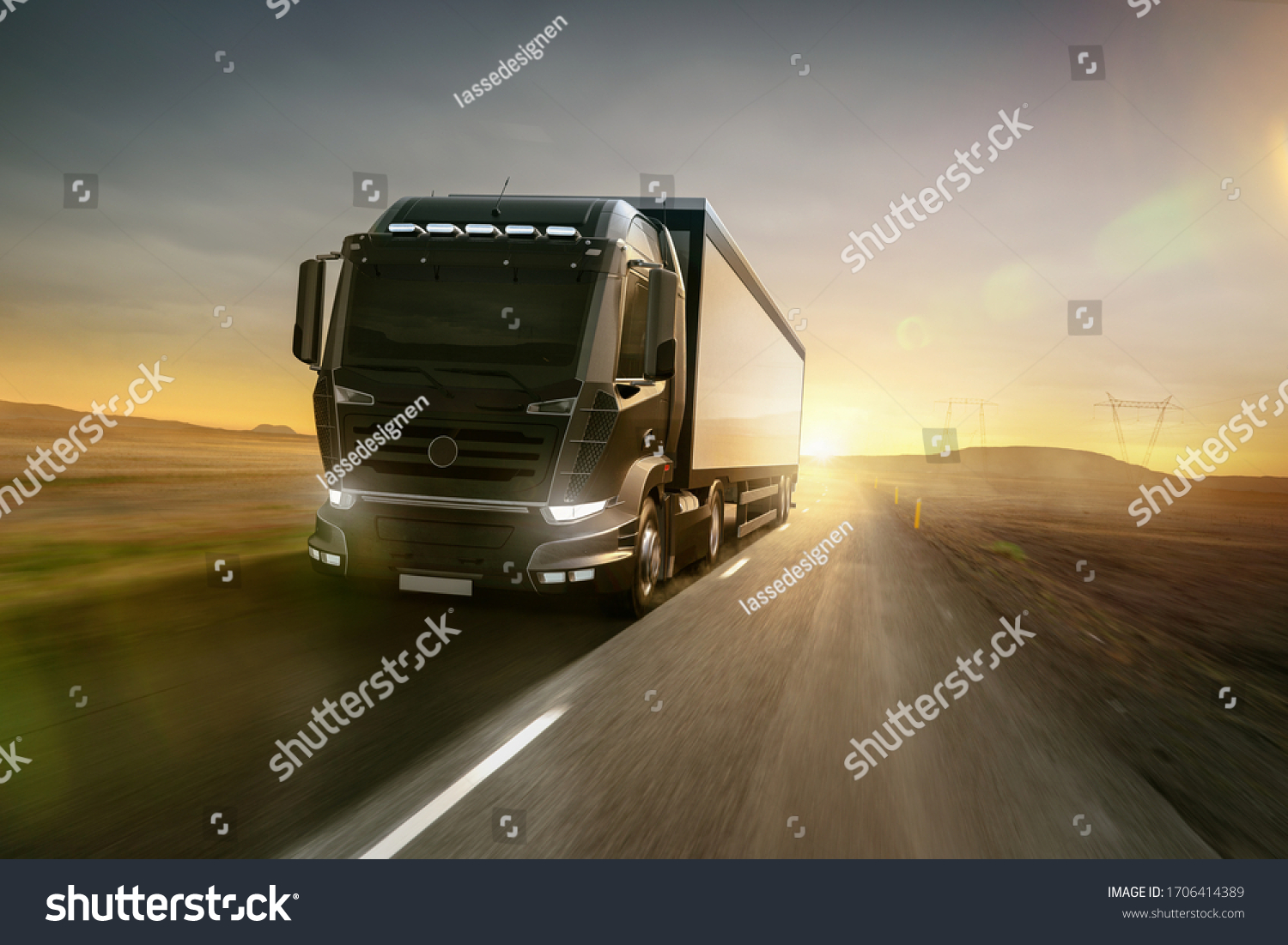 Truck driving on a country road at sunset (3D Rendering) #1706414389