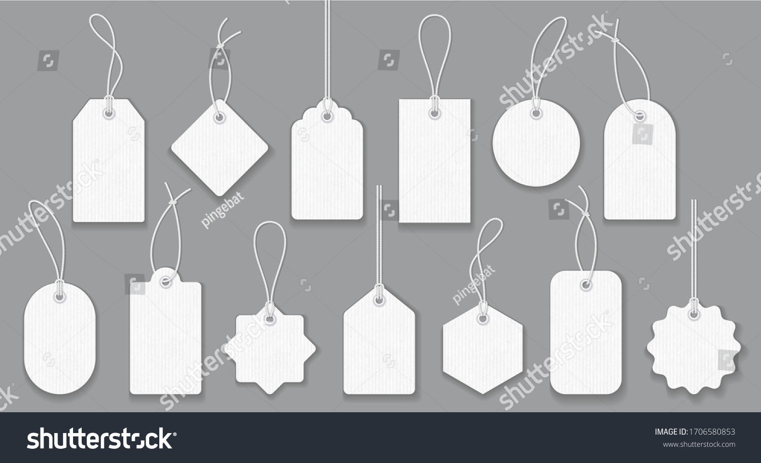 Blank white paper price tags or gift tags in different shapes. Set of labels with cord. #1706580853