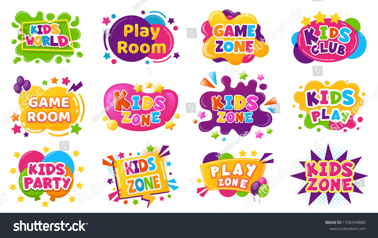 Kids entertainment badges. Game room party labels, children education and entertainment club elements. Baby playing zone vector illustration set. Playroom area, child and kids zone for game #1706599888