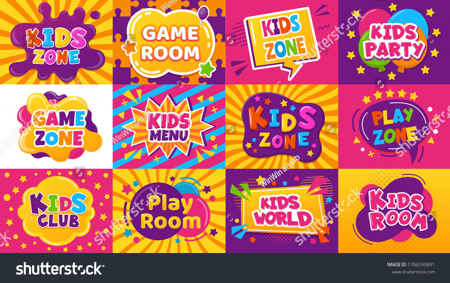 Kids game zone banner. Children game party posters, kid play area, entertainment, education room. Baby playground posters vector illustration set. Kid area for game play, menu for childen emblem #1706599891