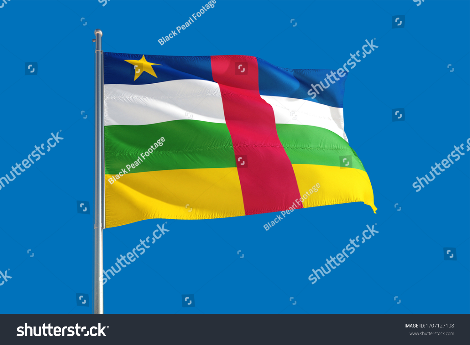 Central African Republic national flag waving in the wind on a deep blue sky. High quality fabric. International relations concept. #1707127108