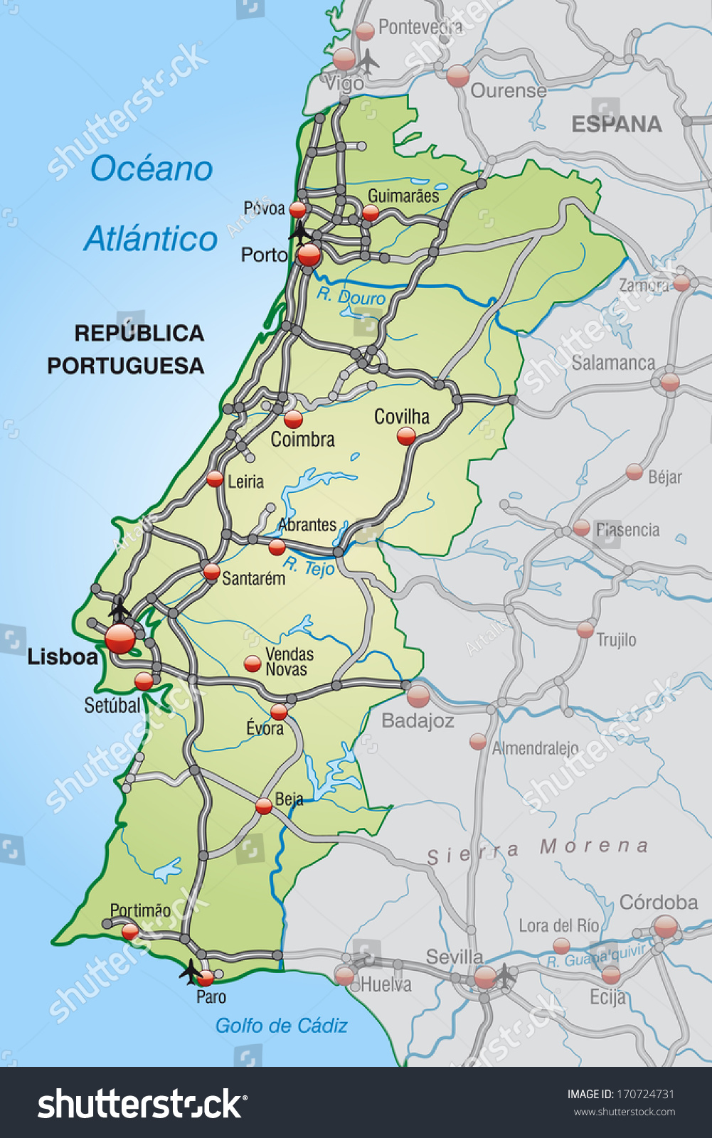 Map of Portugal with highways in pastel green - Royalty Free Stock ...