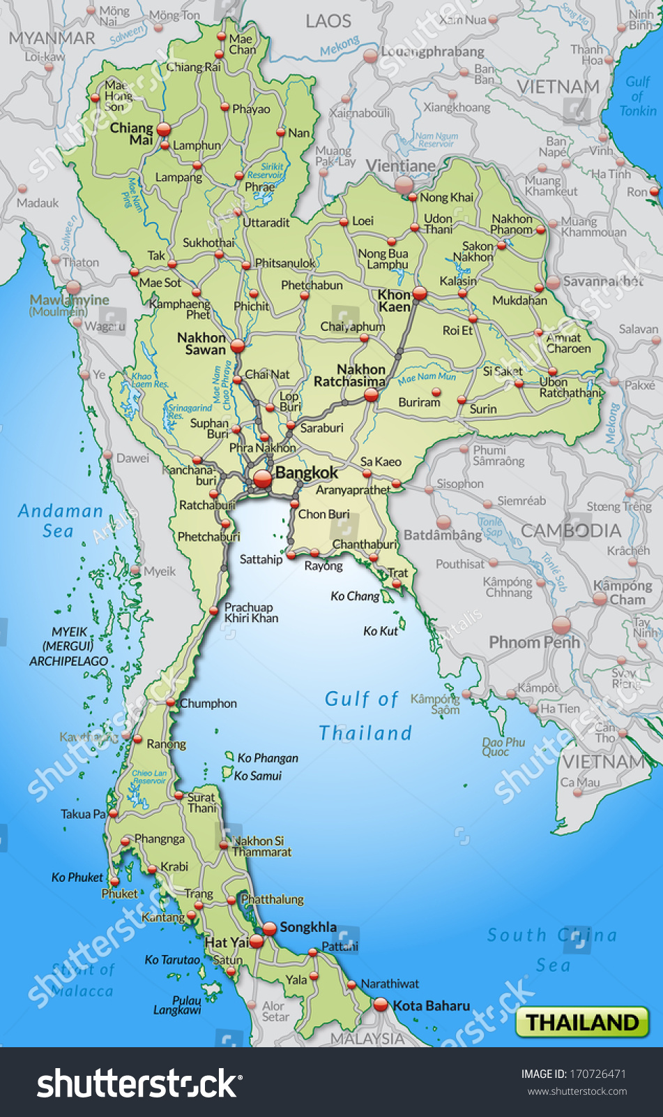 Map of Thailand with highways in pastel green - Royalty Free Stock ...