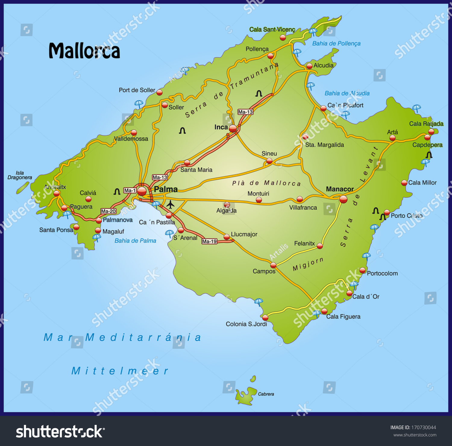 Map of mallorca with highways - Royalty Free Stock Photo 170730044 ...