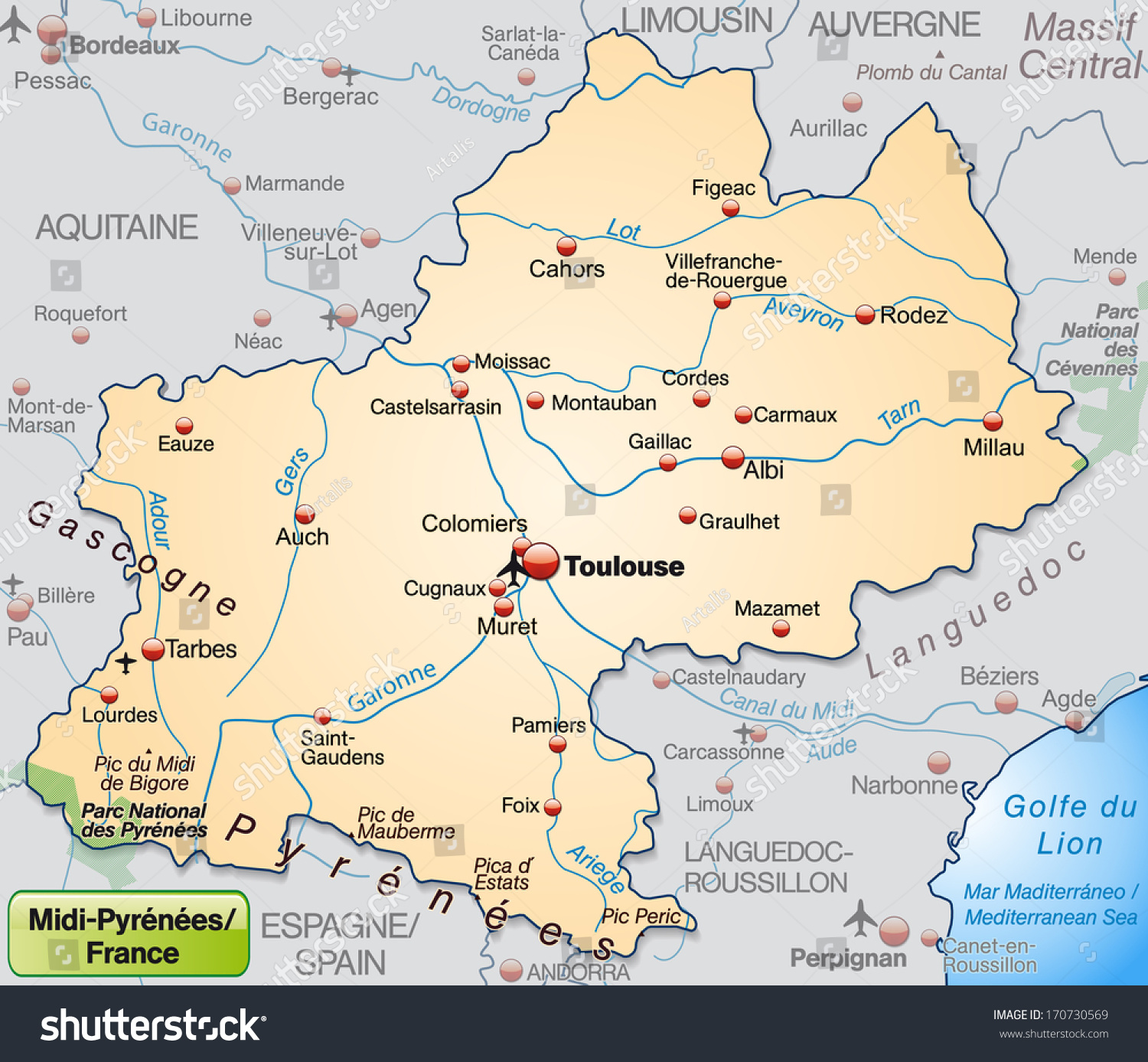 Map of Midi-Pyrenees as an overview map in - Royalty Free Stock Photo ...