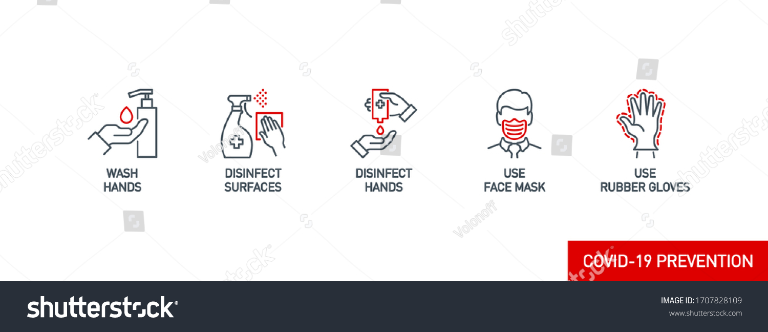 Prevention line icons set isolated on white. outline symbols Coronavirus Covid 19 pandemic banner. Quality design elements mask, gloves, distance, wash disinfect hands, stay home with editable Stroke #1707828109