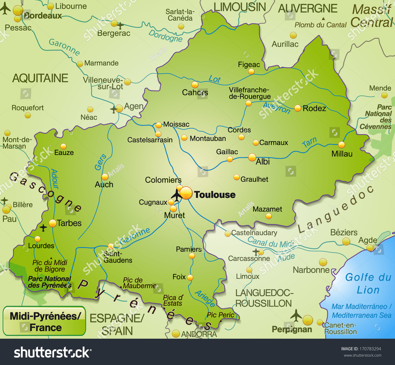 Map of Midi-Pyrenees as an overview map in green - Royalty Free Stock ...