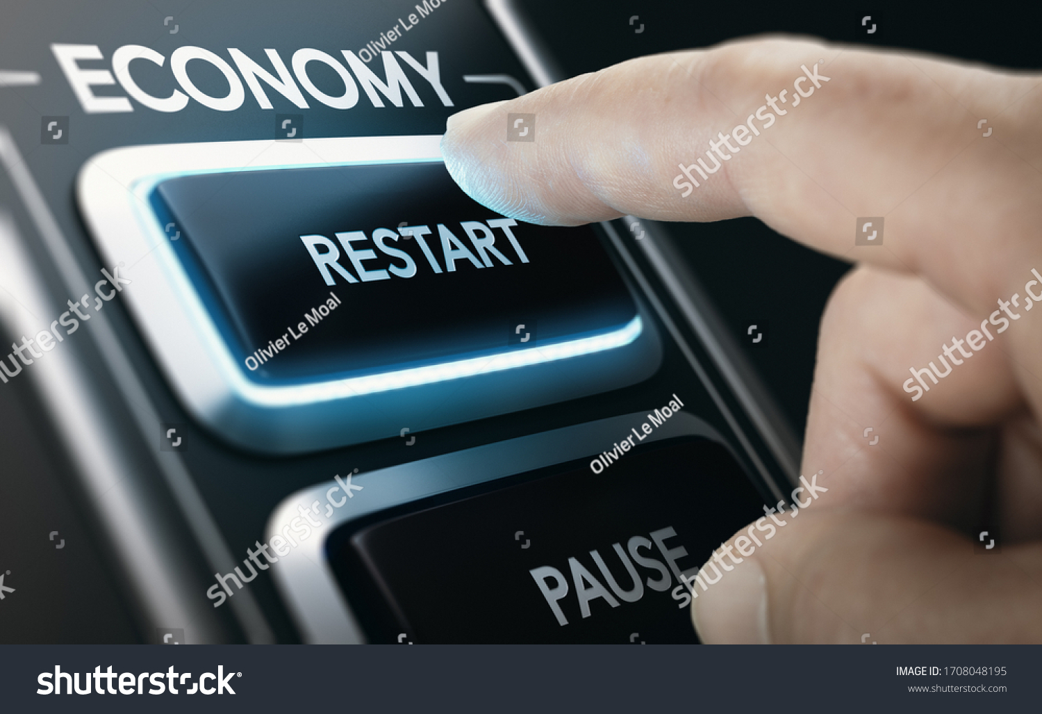 Man pressing a button to restart national economy after crisis. Composite image between a hand photography and a 3D background. #1708048195