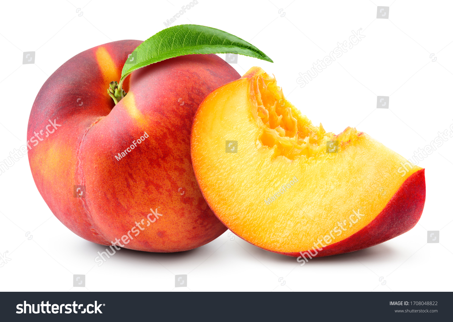 Peach with slice on white background. Peach isolate. Full depth of field. With clipping path. #1708048822