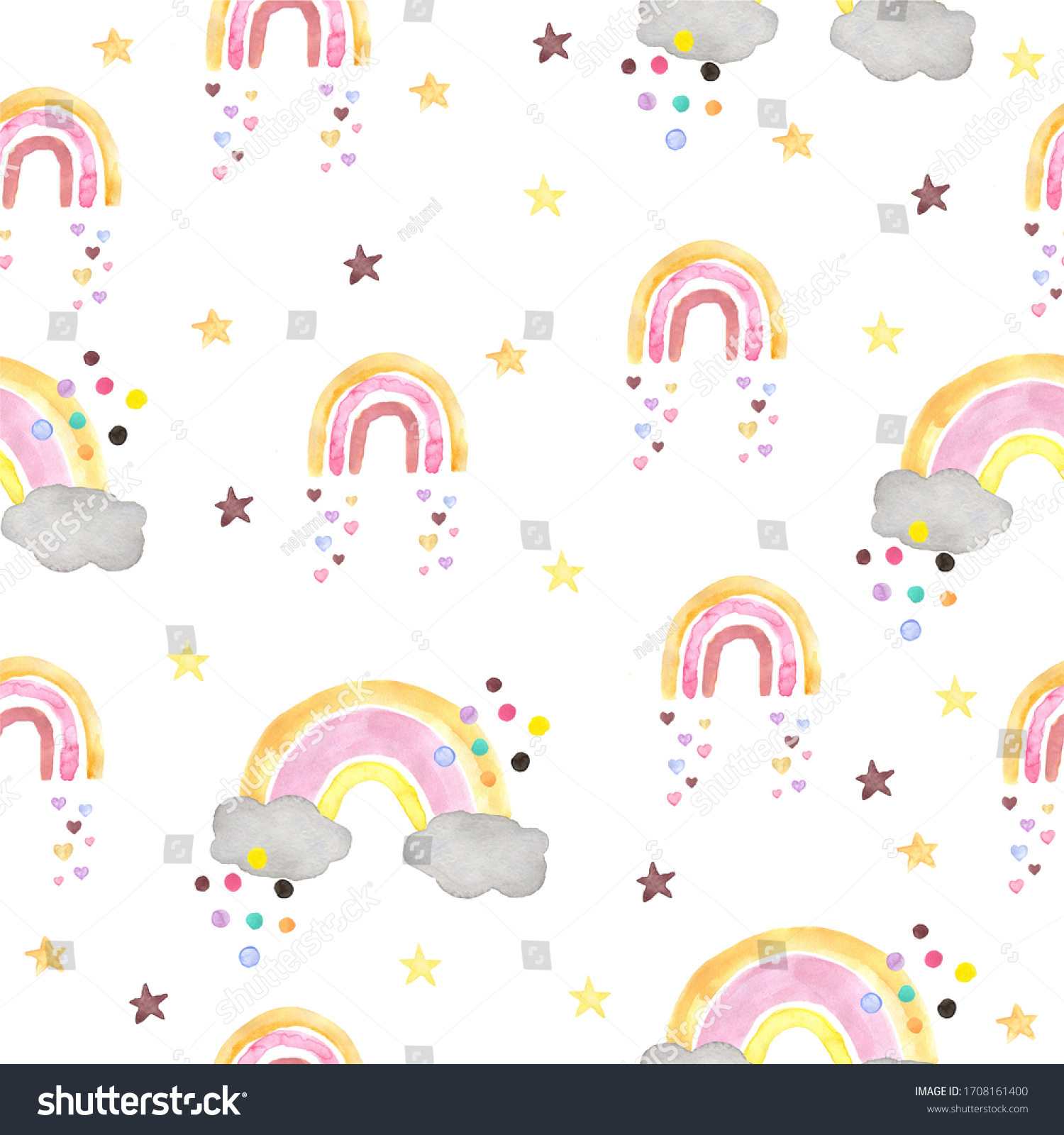 Seamless pattern with watercolor rainbow in pastel colors with colorful circles, stars, hearts. Modern illustration on a white background. Design for children's textiles, decor for a children's room. #1708161400